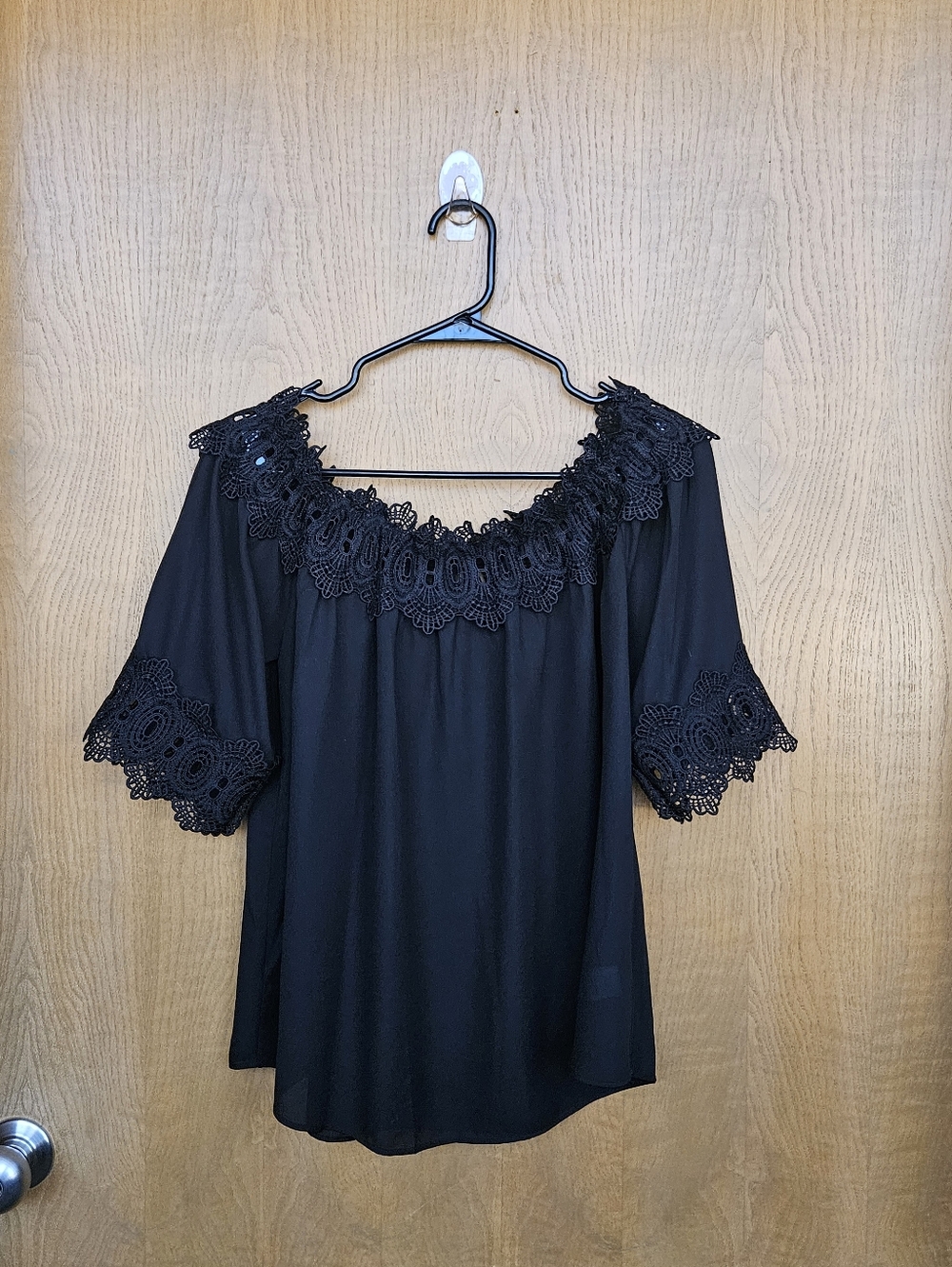 Black Off-Shoulder Blouse with Lace Trim
